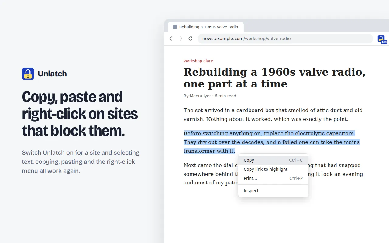 An article with text selected and the browser’s right-click menu open, with the Unlatch ON badge in the toolbar