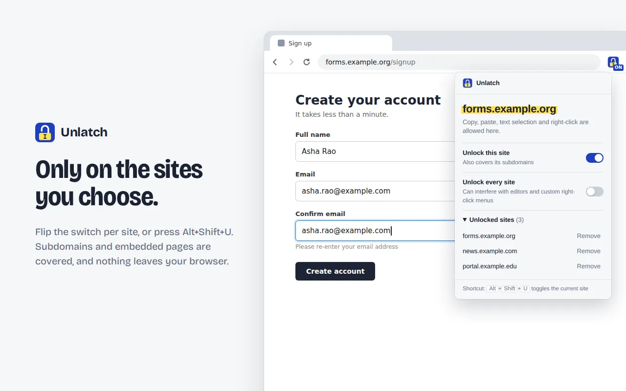 A sign-up form with an email pasted into the Confirm email field, and the Unlatch menu open listing three unlocked sites